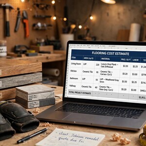 Peut inclure: Un ordinateur portable affichant une feuille de calcul Flooring Cost Estimate, des échantillons de sol empilés étiquetés LVP et Ceramic Tile, des genouillères noires, un mètre ruban jaune de 25 pieds et une note client Johnson remodel quote due Fri.