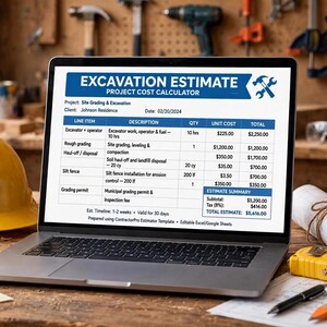 Op de afbeelding: Een laptop met een spreadsheet voor graafwerkzaamheden met blauwe koppen en witte cellen. Het scherm toont posten voor graafwerk, egalisatie en vergunningen met een totale schatting van $ 5.616,00.