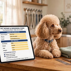 May include: A tablet displaying a Pet Intake & Grooming Form with fields for owner and pet information, including a poodle with curly apricot fur wearing a blue collar, a folded green towel, a metal comb, and grooming scissors on a wooden counter.