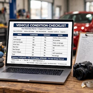 May include: A laptop screen displaying a Vehicle Condition Checklist inspection report with columns for panel, condition, damage, and notes. The report includes fields for date, vehicle, VIN, and odometer reading, plus a summary section at the bottom.