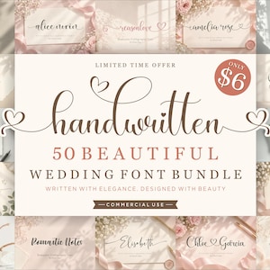Może przedstawiać: Cyfrowa grafika prezentująca kolekcję 50 czcionek ślubnych. Centralny tekst brzmi "handwritten 50 BEAUTIFUL WEDDING FONT BUNDLE", a wokół niego znajdują się przykłady pism, takie jak "Alice Nevin", "Stephanie" oraz "Nathan & Reina".