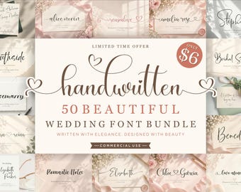 Paquete de 50 fuentes de caligrafía romántica para bodas, tipografía elegante (descarga digital)