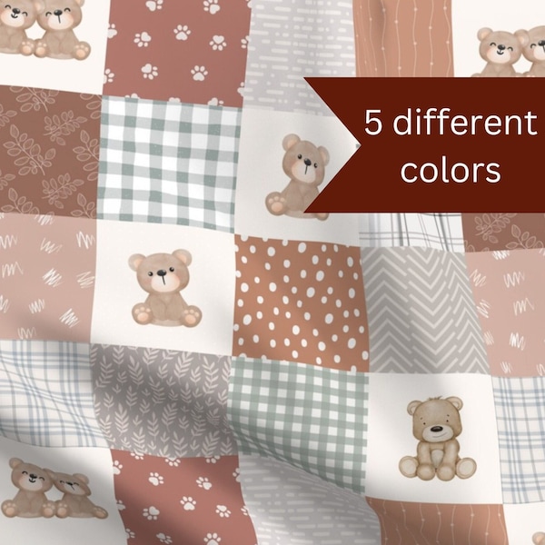 Teddy Bear Cheater Quilt Fabric by the yard modern nursery quilt fabric earth tone baby patchwork plaid bear fabric baby decor neutral bear