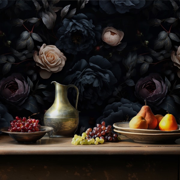 Black Gothic Floral Wallpaper dark rose victorian Cottage Romantic floral peel stick Moody floral wallpaper removable Baroque midnight blue
