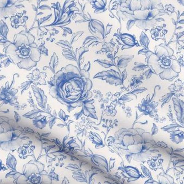 Vintage Blue Floral Fabric by the yard French Country Floral Toile de Jouy inspired English Country Cottage antique blue upholstery fabric