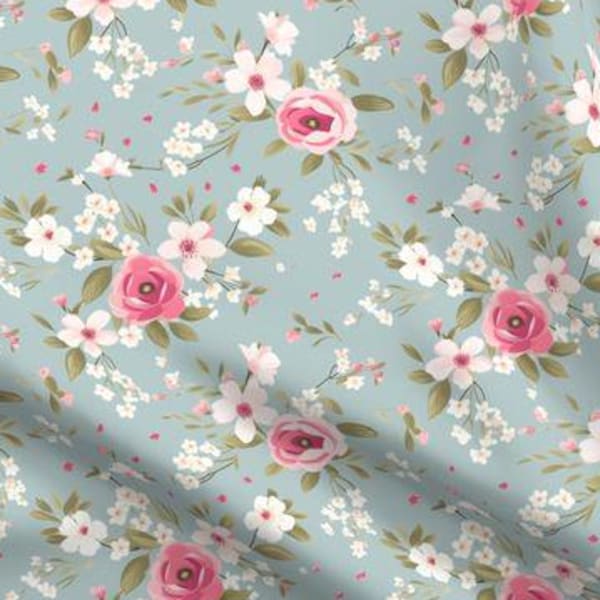 Pink Blue Shabby Chic Rose Fabric by the yard vintage cottage tea party nursery girl floral aqua teal bright hot pink English rose garden