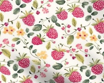 Vintage Raspberry Fabric by the Yard Pink Botanical Berry Fruit Watercolor Pastel Retro Whimsical Feminine Summer Cottage Farmhouse Floral