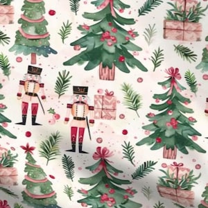 May include: A festive pattern with Christmas trees, nutcrackers, and presents on a white backdrop. The trees are green with red berries and pink bows. Nutcrackers are in uniform, and gifts are wrapped in pink paper.