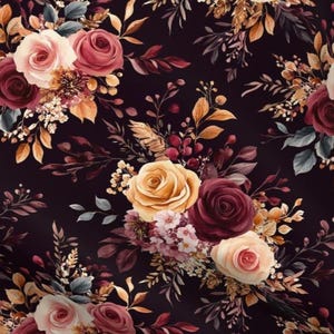 Dark Burgundy Floral Fabric by the Yard Moody Vintage Autumn Thanksgiving Fall Botanical Winter large Earth Tone Elegant Flower upholstery