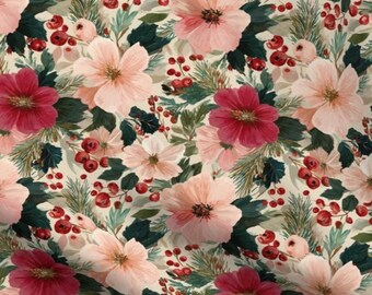 Moody Christmas Floral Fabric by the yard Vintage Poinsettia Flower Holly Red Berry Botanical Winter Holiday Pine Branches Quilting Fabric