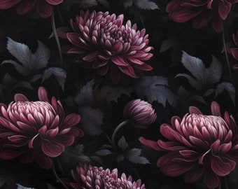 May include: A dark floral pattern featuring deep purple chrysanthemums with white centers on a black background.