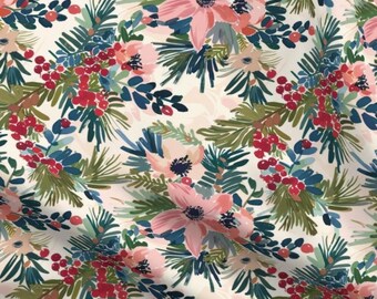 Pink Christmas Floral Fabric by the Yard Watercolor Shabby Chic Winter Pine Greenery Fabric Red Berry Botanical Vintage Holiday blue Flower