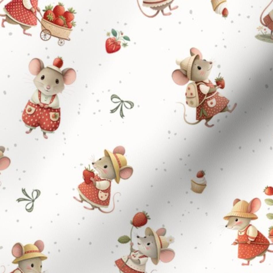 Mouse And Raspberry Fabric Strawberry Garden Mice Fabric by the Yard Red Pink Strawberry Shortcake ...