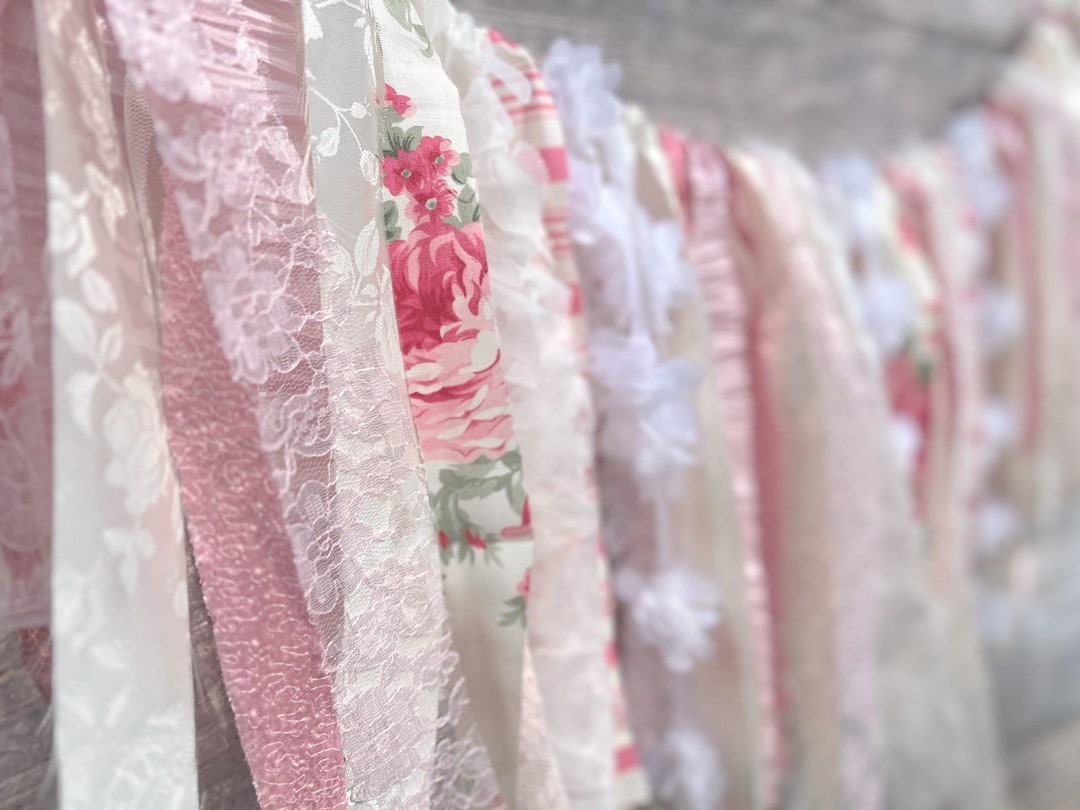 Shabby Rags Shabby Chic Fabric Rag Tie Garland Pink White Garland for Birthday Cake ...