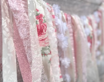 Shabby Chic Fabric Rag Tie Garland pink white garland for birthday cake smash highchair floral banner shabby chic wall decor pink floral