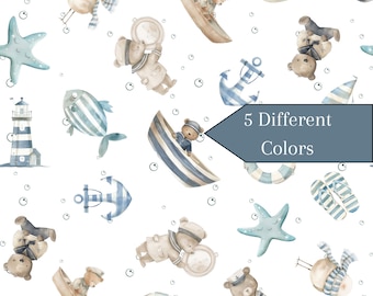 Nautical Teddy Bear Fabric by the yard dusty blue gray boy nautical fabric blue stripe ocean fish quilting nursery fabric lighthouse boat