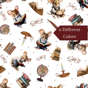 May include: A repeating pattern featuring watercolor illustrations of mice reading books, globes, eyeglasses, and stacks of books. The text "6 Different Colors" is displayed on a burgundy banner. The background is white with small brown polka dots.