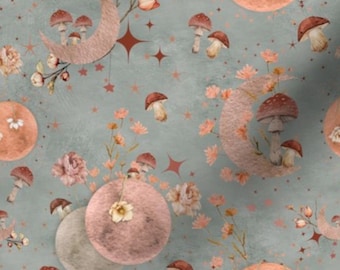 Sage Blue Mushroom Fabric by the yard fabric mushroom fabric moon fabric star fabric textured fabric peach flower fabric october fabric sage