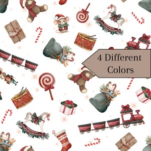 May include: A seamless pattern featuring a variety of Christmas-themed illustrations, including a rocking horse, a toy train, a teddy bear, a drum, a candy cane, a gift box, a stocking, and a bag of toys. The pattern is in four different colours.