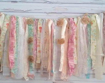 Fabric Garland Shabby Chic mint pink banner shabby chic garland pink mint birthday party decor photography prop cake smash garland fabric