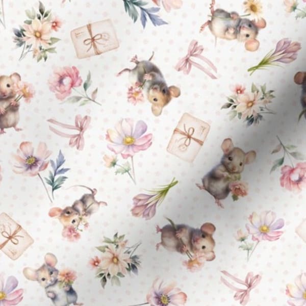 Shabby Chic Mice Fabric by the yard cute mice fabric sweet mice fabric floral mice quilting fabric mice flower fabric baby mouse fabric pink