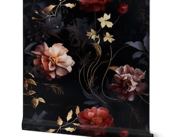 May include: A roll of wallpaper featuring a dark background with a floral pattern. The design includes large, detailed flowers in shades of red, pink, and cream, accented with gold-colored leaves and stems. The overall aesthetic is elegant and romantic.