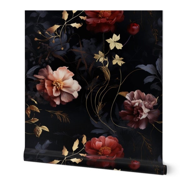 Baroque Dark Floral Wallpaper black romantic flower wallpaper moody victorian red flower decor peach peony dramatic flower peel and stick