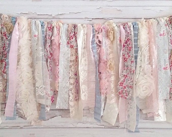 Fabric Garland rag tie banner pink blue shabby chic garland rag banner pink blue garland floral high chair banner shabby chic cake smash