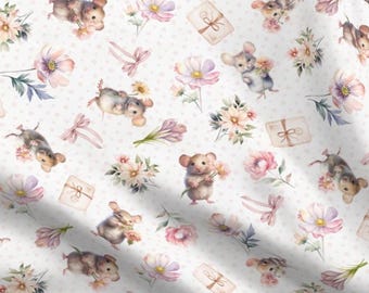 Shabby Chic Mice Fabric by the yard Sweet Watercolor Baby Mouse Botanical Fabric Pink Cottagecore Animal Floral Fabric Hand-painted Flower