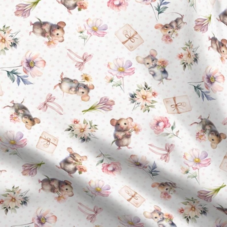 Mouse And Raspberry Fabric Shabby Chic Mice Fabric by the Yard Sweet Watercolor Baby Mouse ...