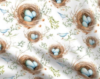 Woodland Blue Robins Nest Fabric by the yard Nursery Meadow Pastel Baby Blue Easter Egg Whimsical Minty Rustic Cute Animal Soft Sage Garden