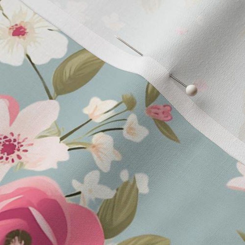 Pink Blue Shabby Chic Rose Fabric by the Yard Vintage Cottage Tea Party ...
