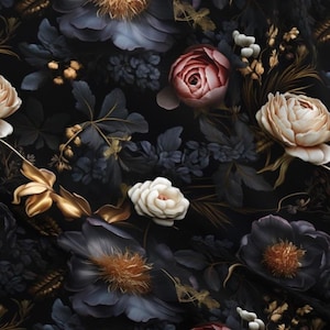 Victorian Moody Floral Fabric by the Yard Dark Gothic Romance Baroque Botanical pillow Black Maximalist Dramatic Autumn Luxury Golden Leaves