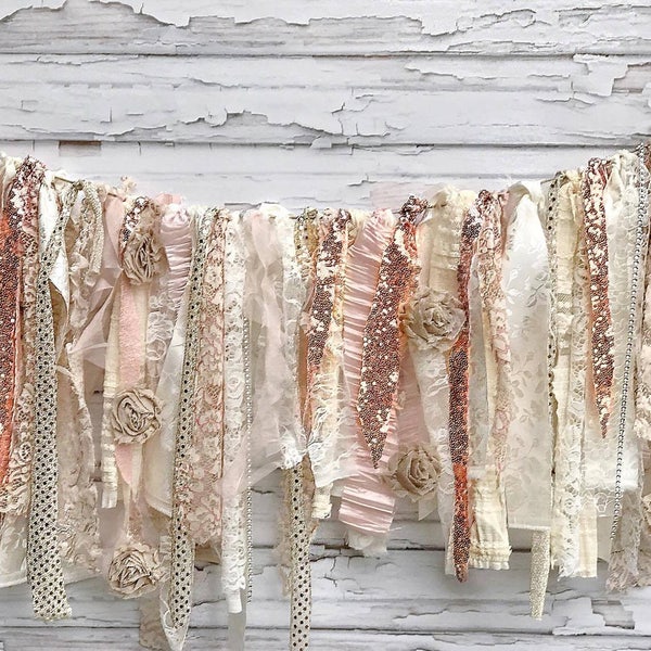 Fabric Garland Rose Gold Garland Wedding banner rose gold birthday decor shabby chic rose gold fabric banner birthday rose gold cake smash