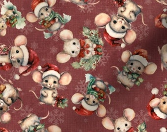 Christmas Mice Fabric by the yard burgundy Christmas fabric holiday mice Christmas fabric deep red merry mice fabric mice wearing santa hats