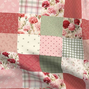 May include: A patchwork fabric featuring a variety of floral patterns in shades of pink, red, and green. The fabric has a repeating pattern of squares with different floral designs, including carnations, leaves, and polka dots.