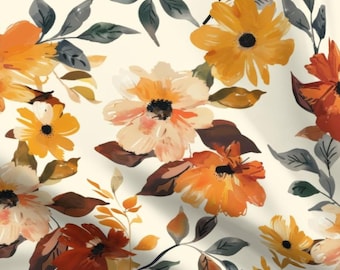 Autumn Flower Fabric by the Yard Vintage Botanical Thanksgiving Burnt Orange Rustic Fall rich warm Farmhouse mustard yellow Floral Earthy