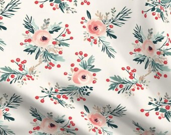 Pink Christmas Floral Fabric by the yard modern watercolor holiday poinsettia flower Winter Red Berry vintage rose Botanical Pine Greenery