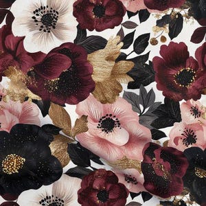 Bold black floral fabric by the yard gold pink large flower romantic cottagecore moody opulent burgundy botanical dark autumn flower Baroque