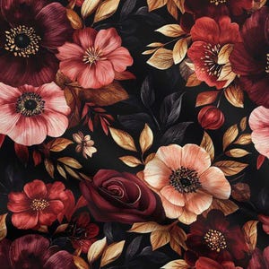 Red Japanese Zen Floral fabric by the yard dark moody red floral upholstery dramatic gold flower deep red Victorian Noir romantic gothic