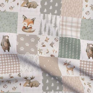 Woodland baby animal Cheater Quilt Fabric by the yard neutral nursery in soft earth tone forest friend bear moose fox fabric modern baby