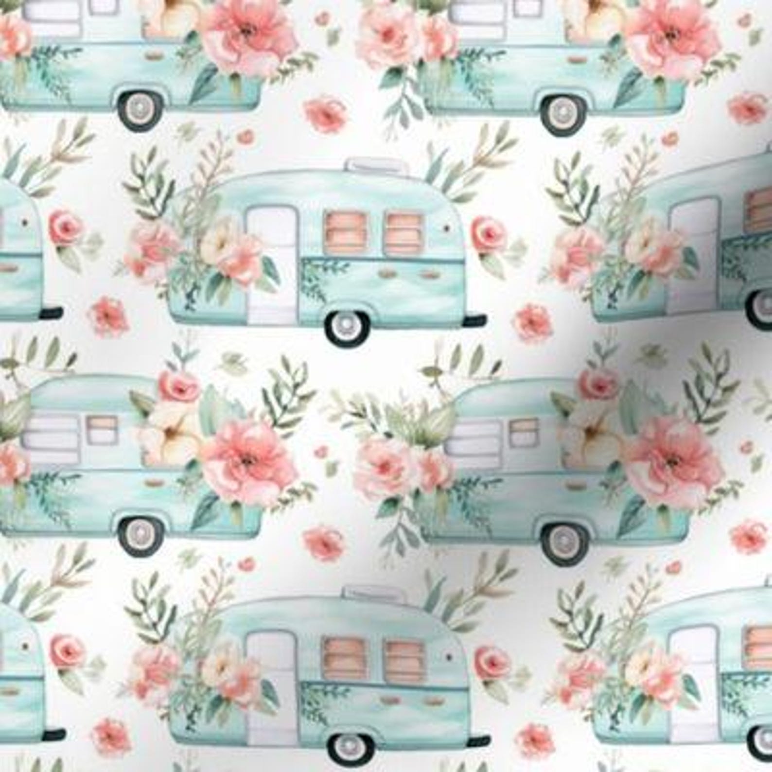 Vintage Travel Camper Fabric by the Yard Glamping Pink Aqua Blue Floral ...