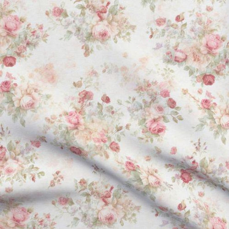 vintage romantic dusty rose coquette farmhouse fabric with coastal cottage French country flowers