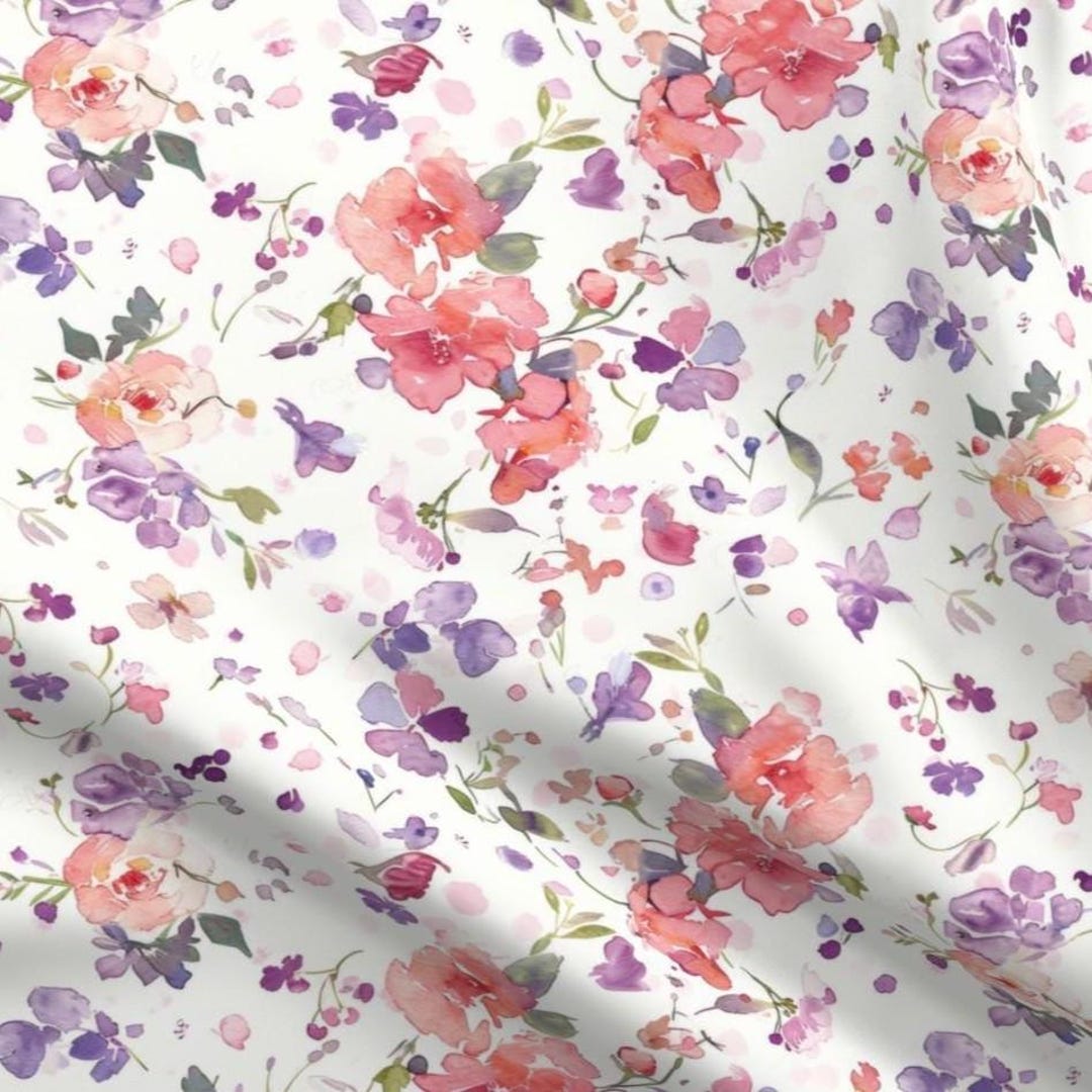 Pink Purple Watercolor Floral Fabric by the Yard Pastel Botanical ...