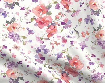 Pink Purple Watercolor Floral Fabric by the yard Pastel Botanical Spring Wildflowers Quilts Whimsical Garden Pastel Nursery Sewing Fabric