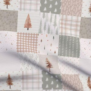 May include: A patchwork fabric with a repeating pattern of squares. Each square features a different design, including trees, plaid, and dotted patterns. The color palette includes shades of brown, gray, and white, creating a cozy, rustic aesthetic.
