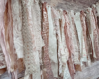 Fabric Garland shabby chic decor rose gold garland pink rag garland pink and sage shabby chic ribbon banner highchair banner wedding decor