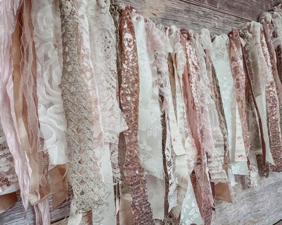 Fabric Garland shabby chic decor rose gold garland pink rag garland pink and sage shabby chic ribbon banner highchair banner wedding decor