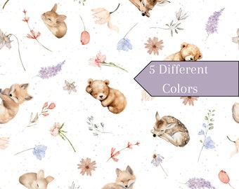May include: A seamless pattern featuring watercolor illustrations of sleeping woodland animals, including a fox, a deer, a bear, and a rabbit. The animals are surrounded by delicate flowers and leaves in shades of pink, purple, blue, and green. The text "5 Different Colors" is displayed on a purple banner.