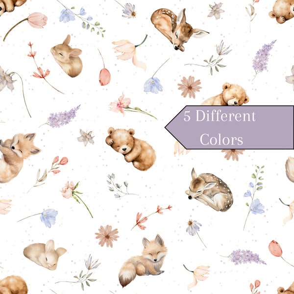 Sleeping baby animal Fabric by the yard woodland baby deer floral purple botanical quilting fabric baby bunny spring watercolor wild flower